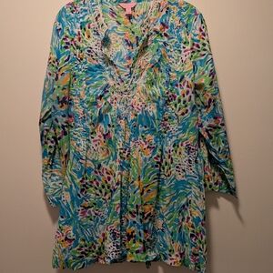 Lilly Pulitzer Tunic Embroidery Beaded Pintucking  XL 3/4 Sleeve
